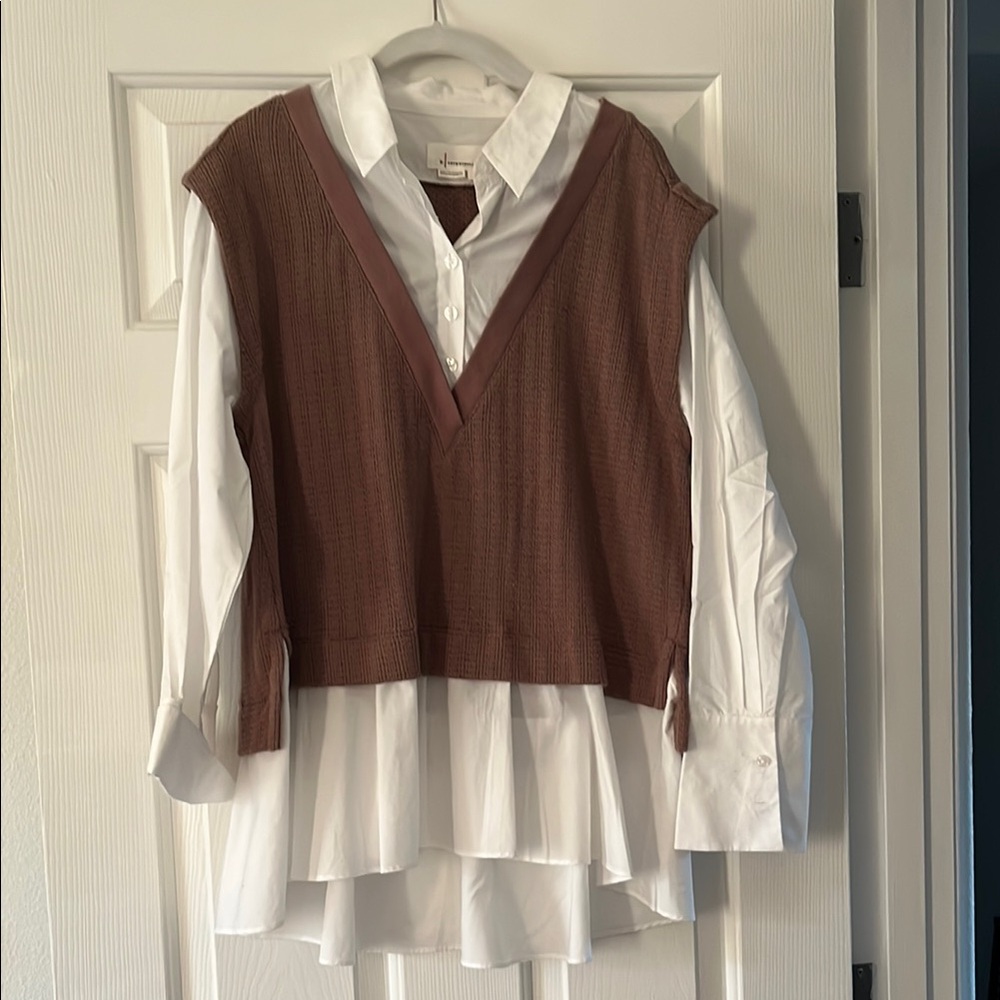 Anthropologie Layered White Button Shirt with Rust Brown Knit Vest